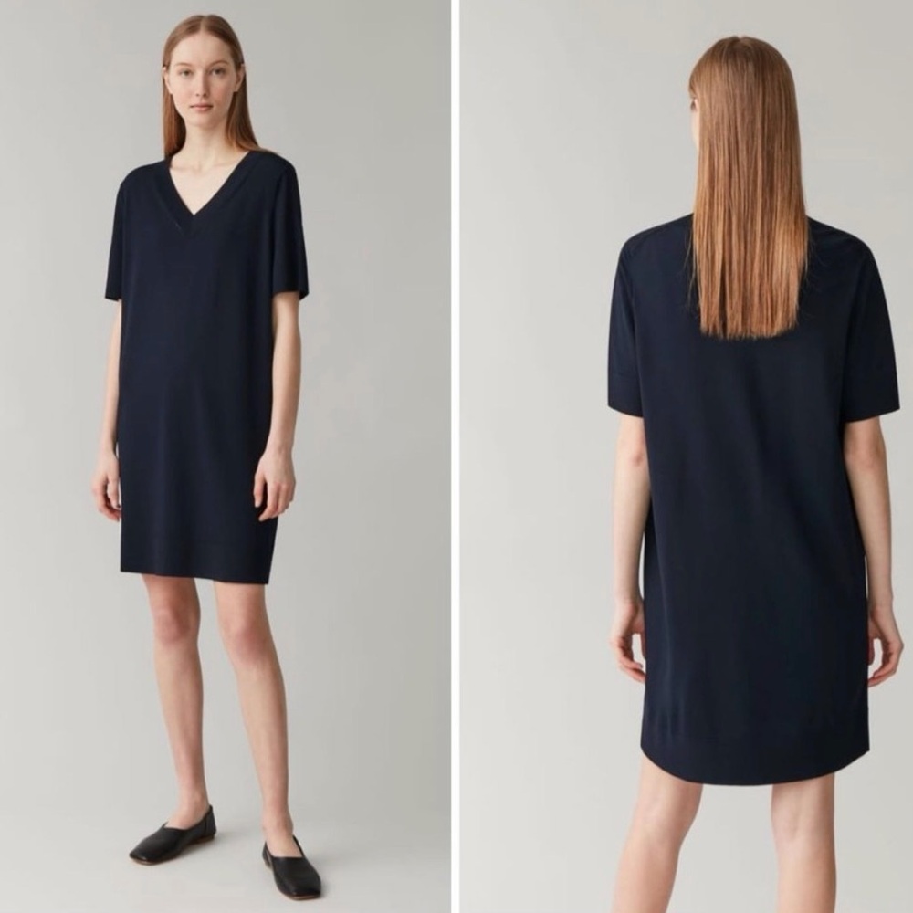 COS Dark Blue Navy V-Neck Knit Shift Women’s Dress Short Sleeve Size Medium EUC